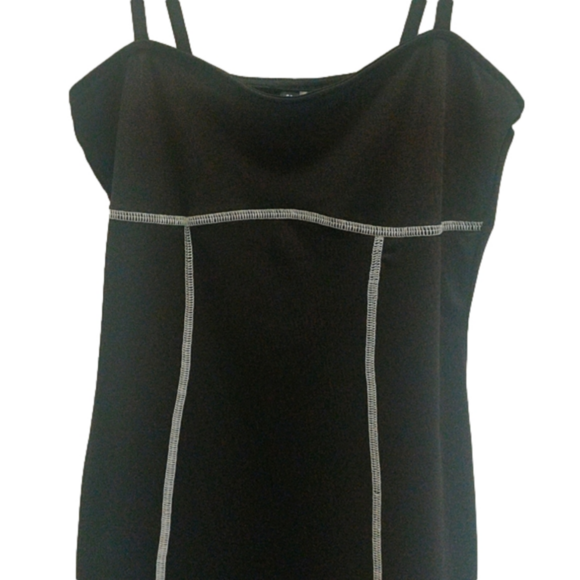 Black Spaghetti Strap Women's Mini Cocktail Dress White Stitching Bodycon Party - Picture 3 of 6